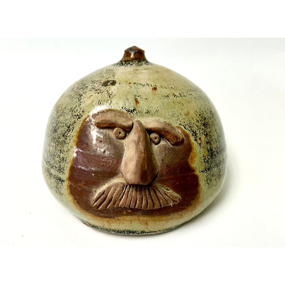 Art Pottery Ugly Face Bank Stoneware Whimsical Folk Art Cork Artisan Signed VTG